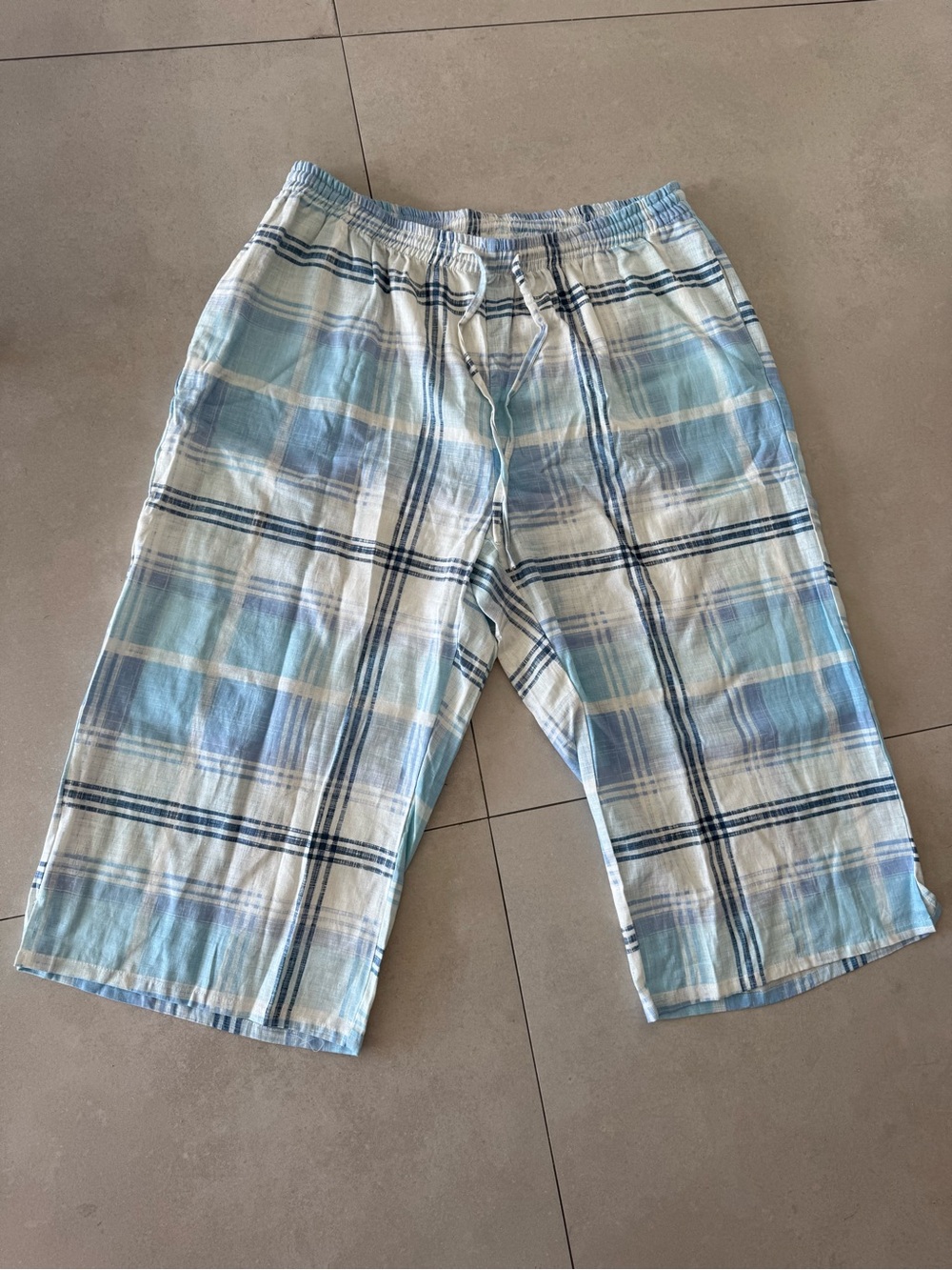 Linen Light Blue Plaid Drawstring Lounge Shorts